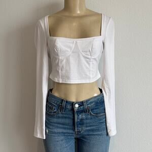 Open Edit Long Sleeve Bustier Crop Top Square Neck Contour Seaming White Size S